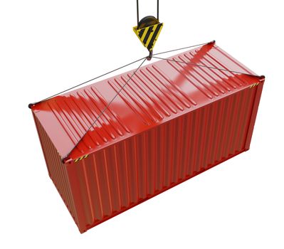 Red cargo container hoisted by hook, isolated on white. 3D rendering