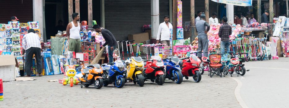 New Market, Kolkata, December 2, 2018: Flea market with of toy cars for display outside in Hogg Market also called New Market during Christmas festival..