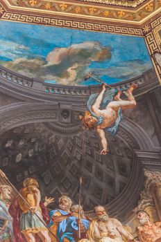 A ceiling of paintings at the Vatican Museum in Rome, Italy