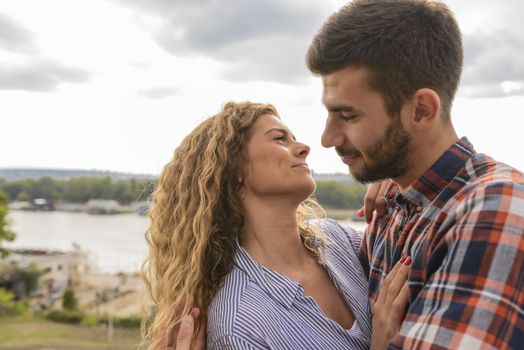 Happy stylish couple in the romantic moment with sweetest emotions. Romantic moment.