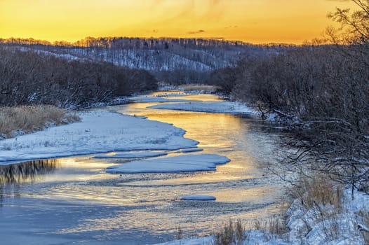 The beautiful sunrise in the otowa bridge tsuruimura of Hokkaido, Japan.