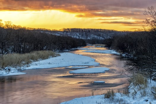 The beautiful sunrise in the otowa bridge tsuruimura of Hokkaido, Japan.