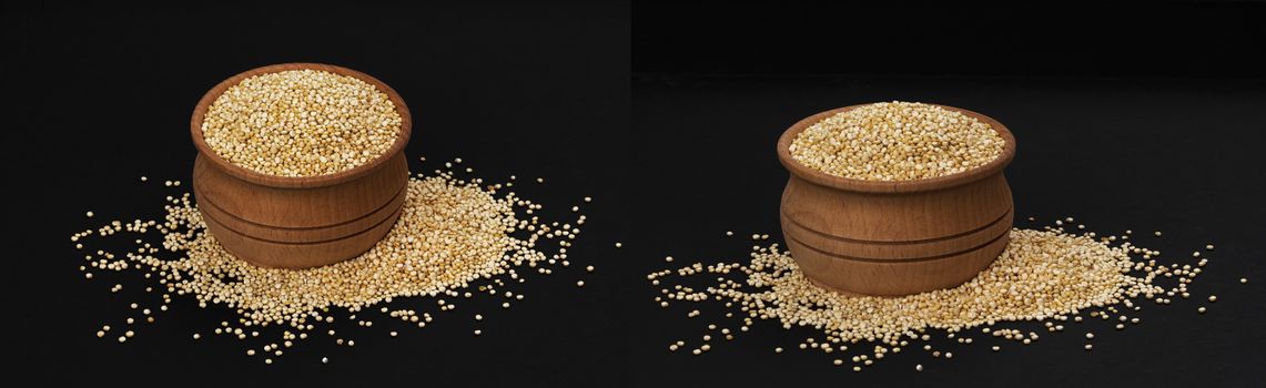 Quinoa seeds. Wooden bowl of healthy white quinoa grains isolated on black background, close-up, macro