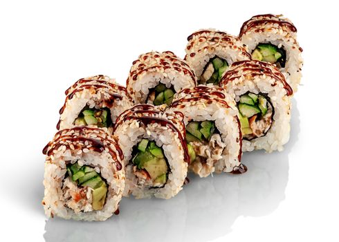 Few pieces of sushi roll california. Two rows of sushi sprinkled with unagi sauce. Reflection. Isolated on white background.