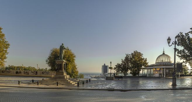 Odessa, Ukraine - 10.12.2018. Panoramic view of Odessa seaside boulevard and sculpture of the founder of the city щn a sunny autumn morning