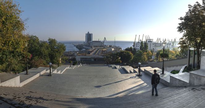 Odessa, Ukraine - 10.12.2018. Panoramic view of Odessa seaside boulevard and sculpture of the founder of the city щn a sunny autumn morning