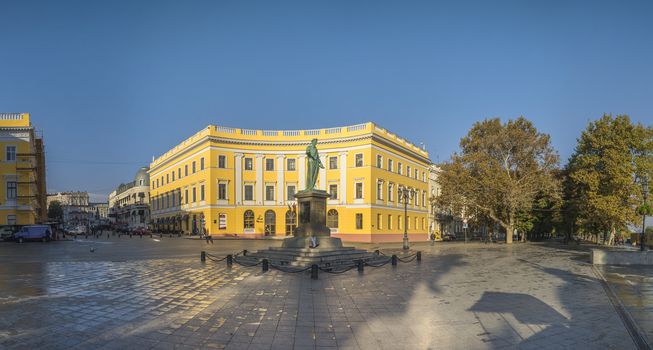 Odessa, Ukraine - 10.12.2018. Panoramic view of Odessa seaside boulevard and sculpture of the founder of the city щn a sunny autumn morning