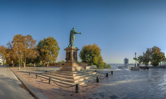 Odessa, Ukraine - 10.12.2018. Panoramic view of Odessa seaside boulevard and sculpture of the founder of the city щn a sunny autumn morning