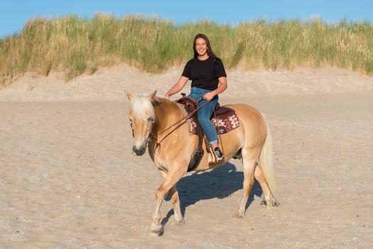 eighteen year old girl riding on a haflinger horse on the beach with the dunes as background