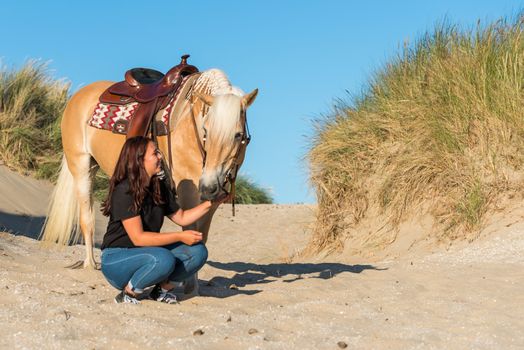eighteen year old girl posing with her haflinger horse on the beach with the dunes as background