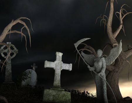 Stony Angel of Death in a spooky cemetery at night - 3d rendering