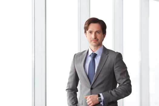 Portrait of handsome businessman standing near windows in office