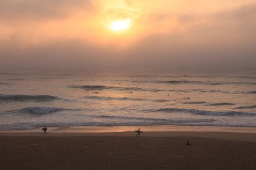 Surfers on the beach at sunset