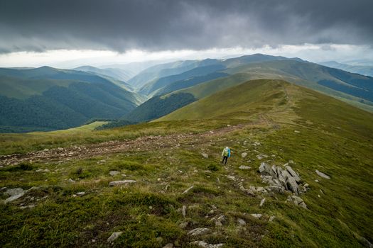 Rain clouds above Carpathians. Panorama of Borzhava ridge of the Ukrainian Carpathian Mountains