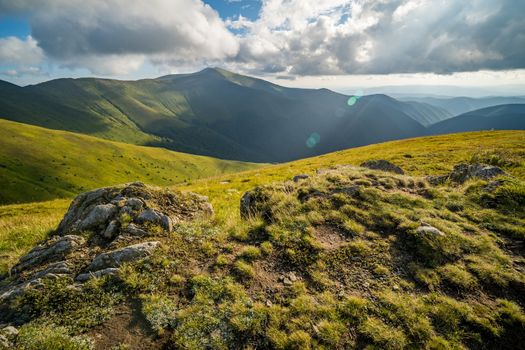 Landscape of Borzhava ridge of the Ukrainian Carpathian Mountains. Clouds above Carpathians