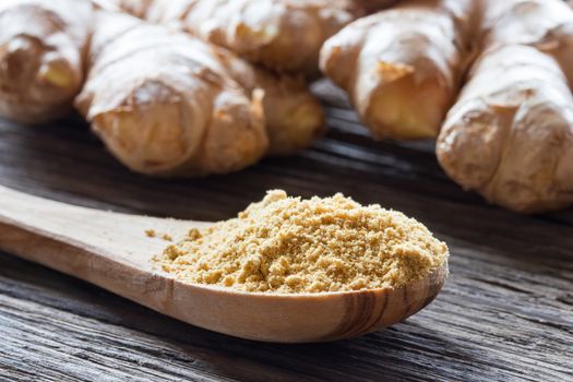 Ground ginger on a wooden spoon, with fresh ginger root in the background