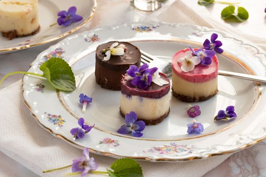 Raw vegan desserts on a plate with fresh violet and lungwort flowers