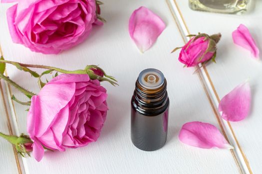 A dark bottle of essential oil with fresh roses on a white background