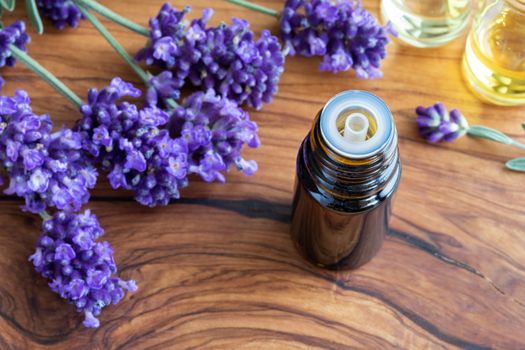 A bottle of essential oil with fresh blooming lavender on a table