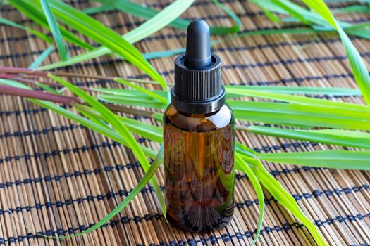 A bottle of essential oil with fresh lemon grass on a table