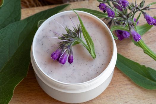 A jar of homemade comfrey root ointment with fresh blooming symphytum officinale plant