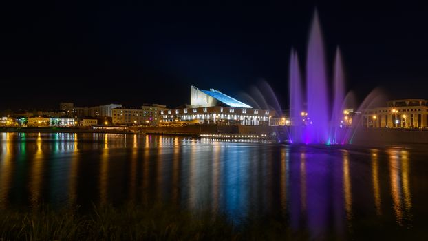 Galiaskar Kamal Tatar Academic Theatre and fountain view in Kazan city. Good place for evening and night walk.