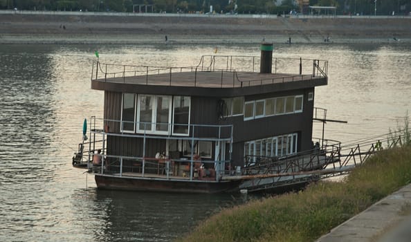 NOVI SAD, SERBIA - September 19th 2018 - Restaurant on boat anchored on pier in Novi Sad, serbia