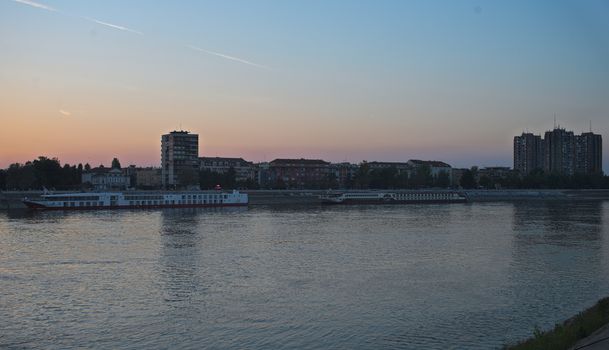 NOVI SAD, SERBIA - September 19th 2018 - View at Danube and City of Novi Sad pier with boats