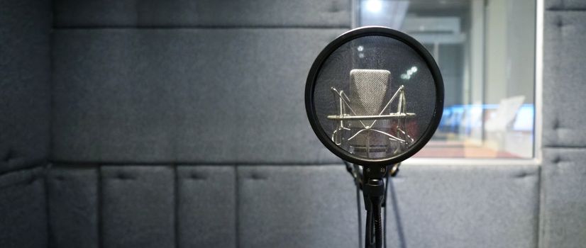 Studio microphone or mic for recording for vocal singer or commercial announcer with shock mount and pop filter on professional tripod in acoustic foam room for best sound and mix process