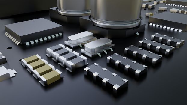 Closeup of electronic circuit board. 3D illustration