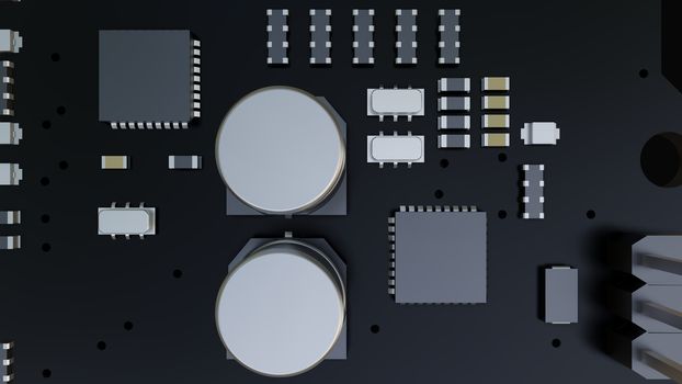 Closeup of electronic circuit board. 3D illustration