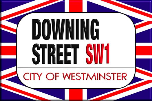 Downing street sign in the background of the Union Jack