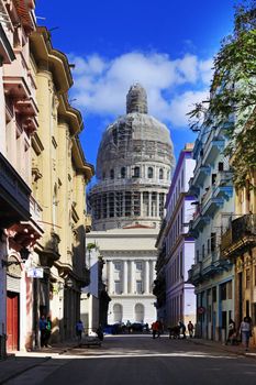 Havana, Cuba - January 11, 2019: Street in Havana with former Presidential Palace dome in background