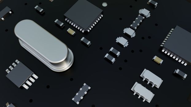 Closeup of electronic circuit board. 3D illustration