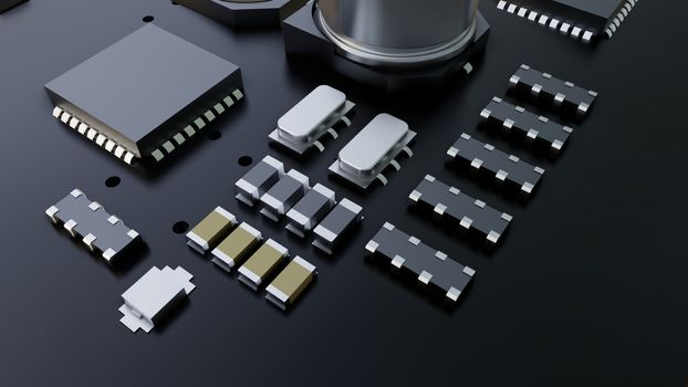 Closeup of electronic circuit board. 3D illustration