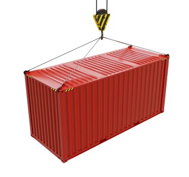 Service delivery - red cargo container hoisted by hook. 3D rendering