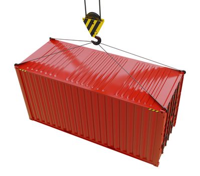 Service delivery - red cargo container hoisted by hook. 3D rendering