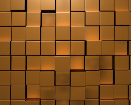 3D rendering of wall of uneven gold tiles or bricks