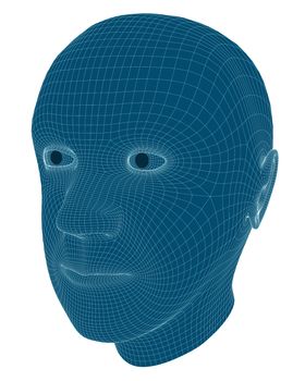 Wireframe rendering of a man's head isolated against a white background