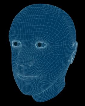 Wireframe rendering of a man's head against a black background