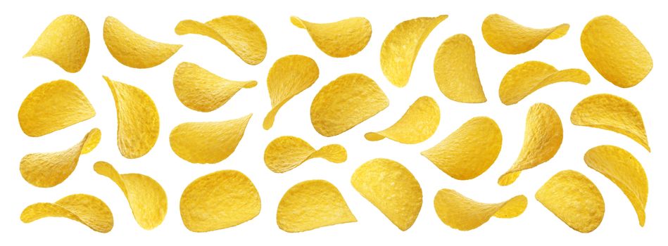 Flying potato chips isolated on white background with clipping path, collection