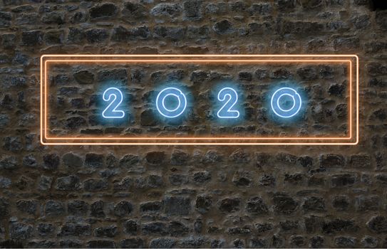 New years  2020 neon letters on a wall in blue and orange color
