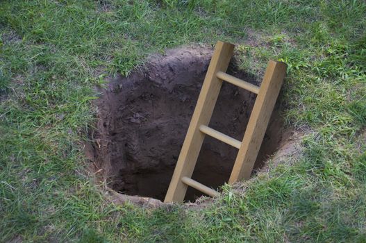Ladder coming out of a dirt hole in the ground 