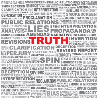 The word TRUTH hidden in a field of anti-honest text against a white background