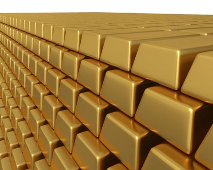 3D illustration of thousands of gold bullion bars piled high, representing enormous weath or assets.