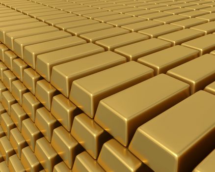 3D illustration of thousands of gold bullion bars piled high representing enormous weath or assets.