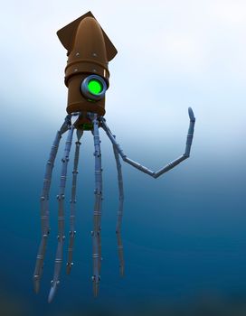 Steampunk Mechanical Squid Underwater with Glowing Lens

