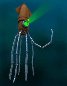 Steampunk Mechanical Squid Underwater with Glowing Lens