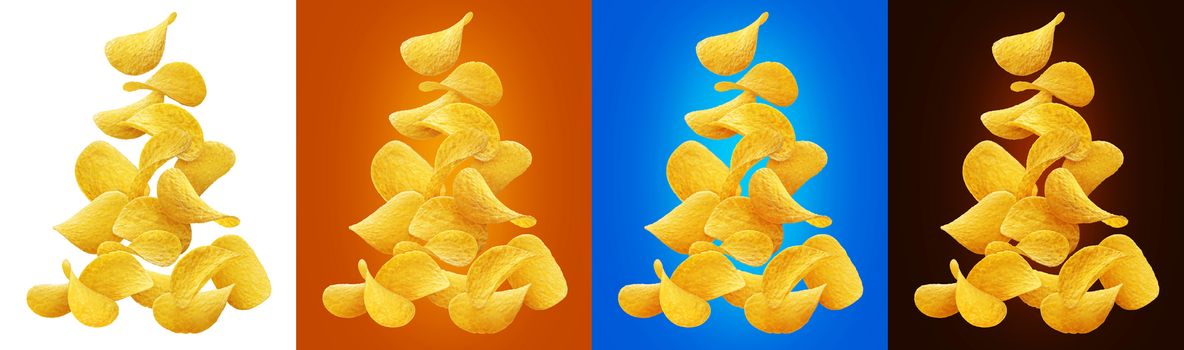 Falling potato chips isolated on different colored backgrounds, collection