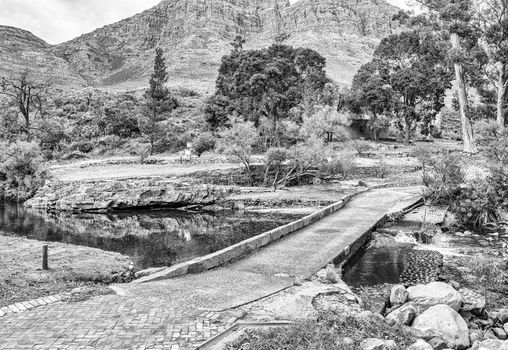 A low level road bridge at Algeria in the Cederberg Mountains in the Western Cape of South Africa. Monochrome